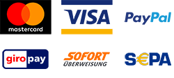 Zahlen Sie bei uns mit Mastercard, VISA, PayPal, giropay, SOFORT Überweisung, SEPA Lastschrifteinzug oder auf Rechnung